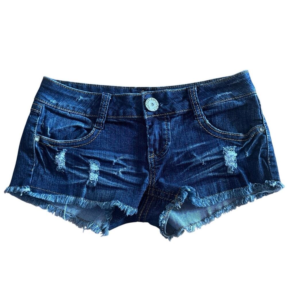 Y2K Low Rise Almost Famous Micro Mini Shorts Dark Wash Frayed Hem Sz 5 XS/S